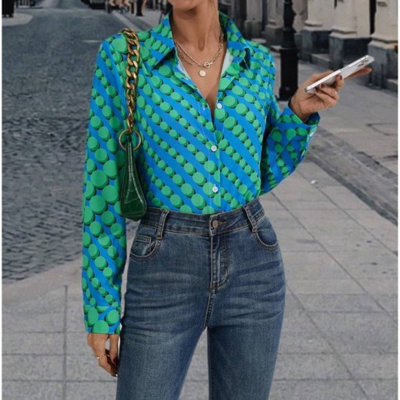 Blue/Green Geometric Print Button Down Shirt 50% OFF - Picture 3 of 6